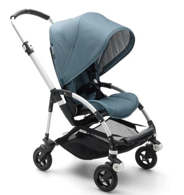 A blue and black stroller.